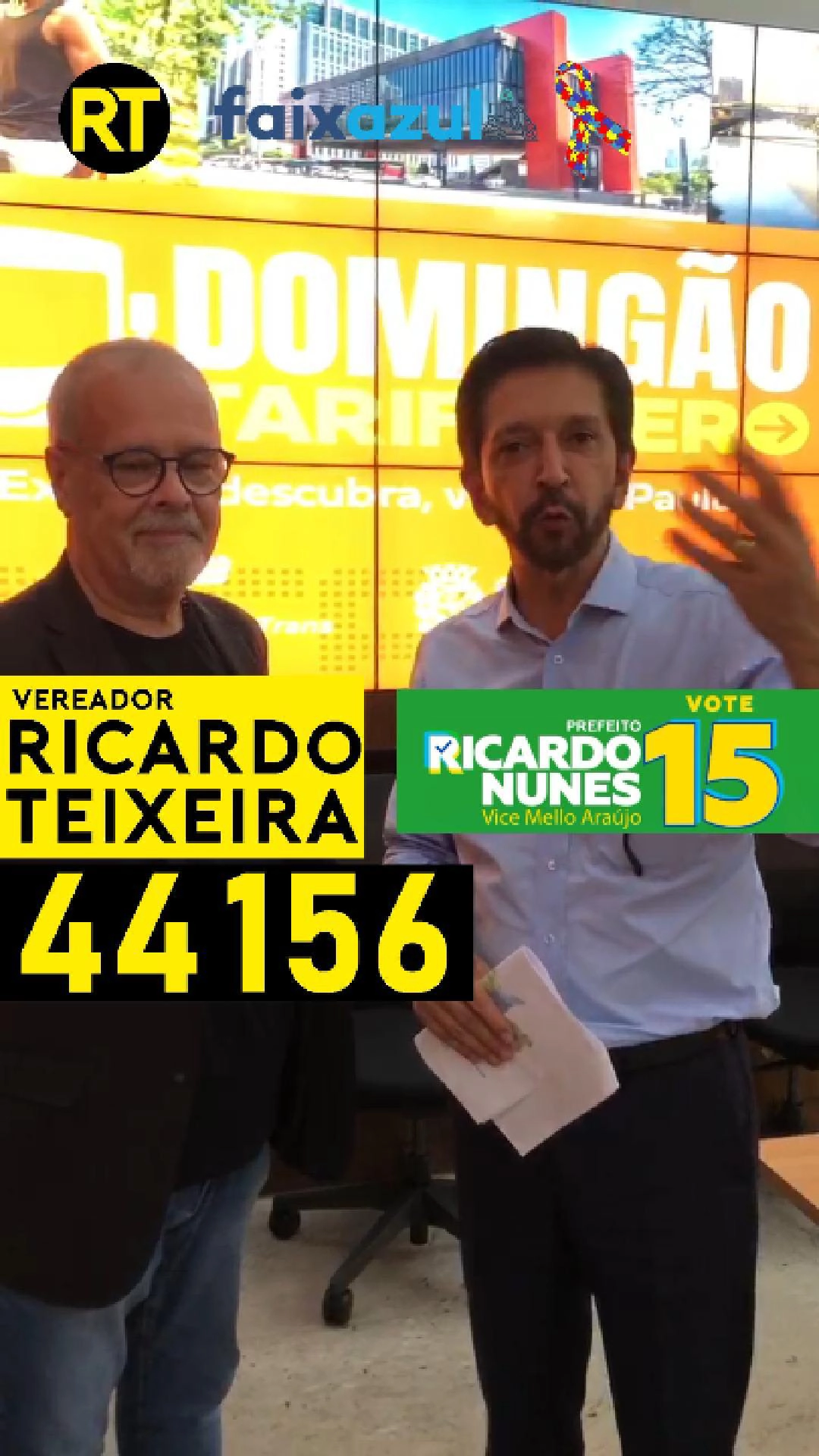 Ônibus de graça aos Domingos é Vereador Ricardo Teixeira 44156 e Prefeito Ricardo Nunes 15